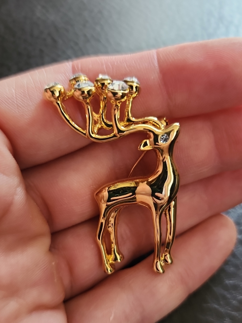 VTG Gold-tone Reindeer Brooch Pin with Clear Crystal Accents